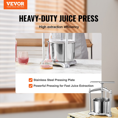 VEVOR Fruit Wine Press, 1.6 Gallon/6L, 2 Stainless Steel Barrels, Manual Juice Maker, Cider Apple Grape Tincture Vegetables Honey Olive Oil Making Press with T-Handle, Triangular Structure for Kitchen