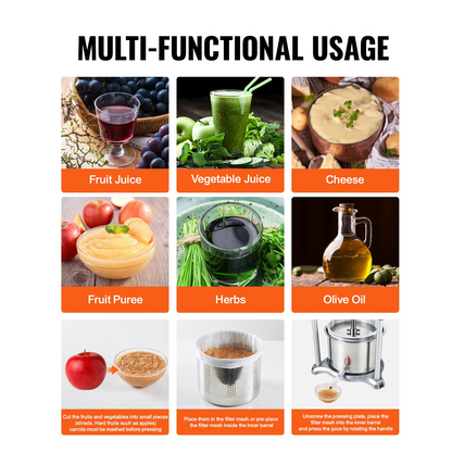 VEVOR Fruit Wine Press, 1.6 Gallon/6L, 2 Stainless Steel Barrels, Manual Juice Maker, Cider Apple Grape Tincture Vegetables Honey Olive Oil Making Press with T-Handle, Triangular Structure for Kitchen