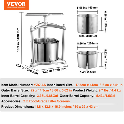VEVOR Fruit Wine Press, 1.6 Gallon/6L, 2 Stainless Steel Barrels, Manual Juice Maker, Cider Apple Grape Tincture Vegetables Honey Olive Oil Making Press with T-Handle, Triangular Structure for Kitchen