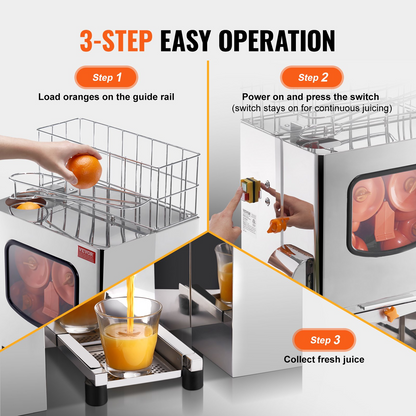 VEVOR Commercial Orange Juicer Machine, 120W Automatic Juice Extractor, Stainless Steel Orange Squeezer 20 Oranges/Minute, with Pull-Out Filter Box, Stainless Steel Cover, 2 Peel Collecting Buckets