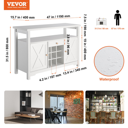 VEVOR 55 Inch Industrial Bar Cabinet, Wine Table for Liquor and Glasses, Sideboard Buffet Cabinet with Wine Rack, Freestanding Farmhouse Wood Coffee Bar Cabinet for Living Room, Home Bar, and Kitchen
