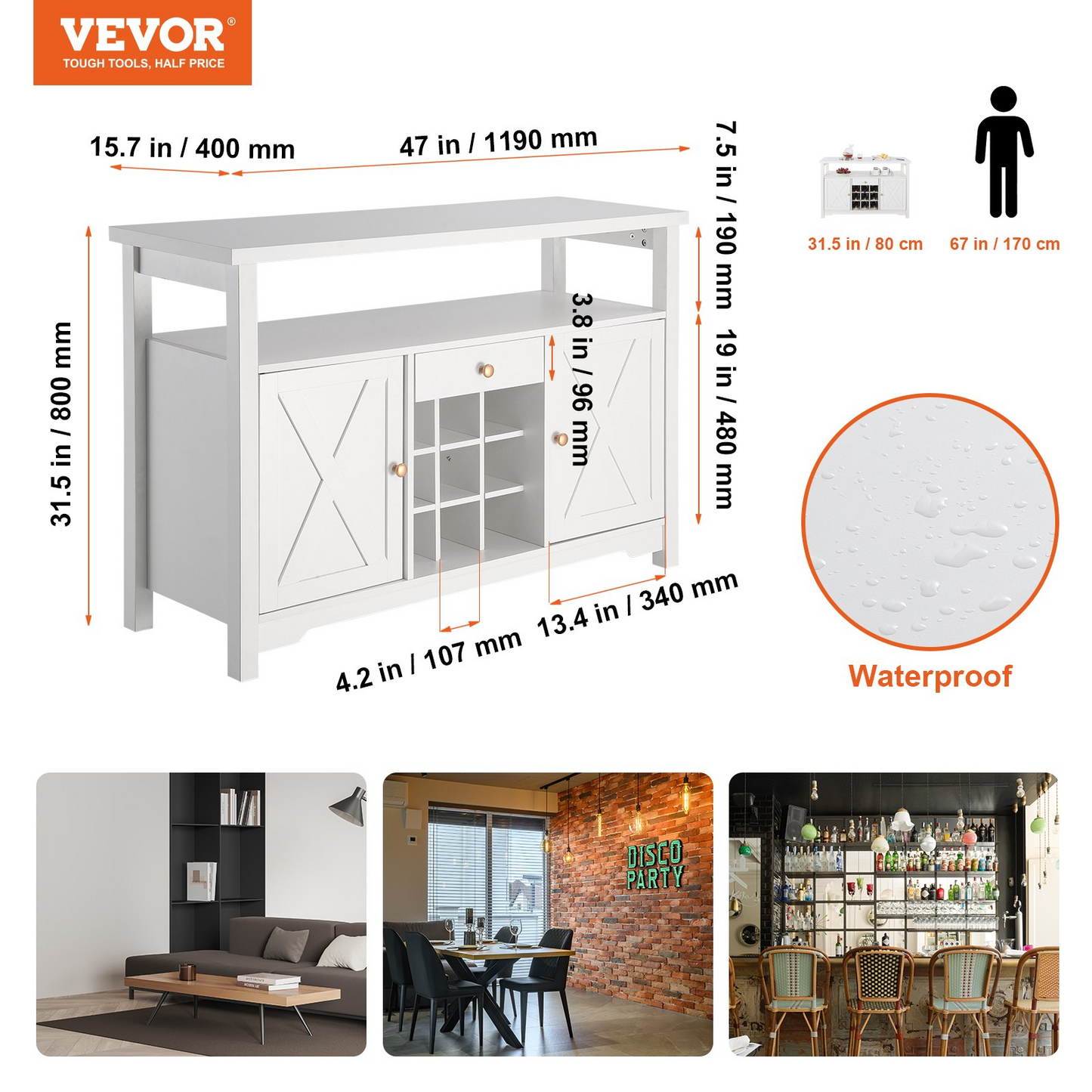 VEVOR 55 Inch Industrial Bar Cabinet, Wine Table for Liquor and Glasses, Sideboard Buffet Cabinet with Wine Rack, Freestanding Farmhouse Wood Coffee Bar Cabinet for Living Room, Home Bar, and Kitchen