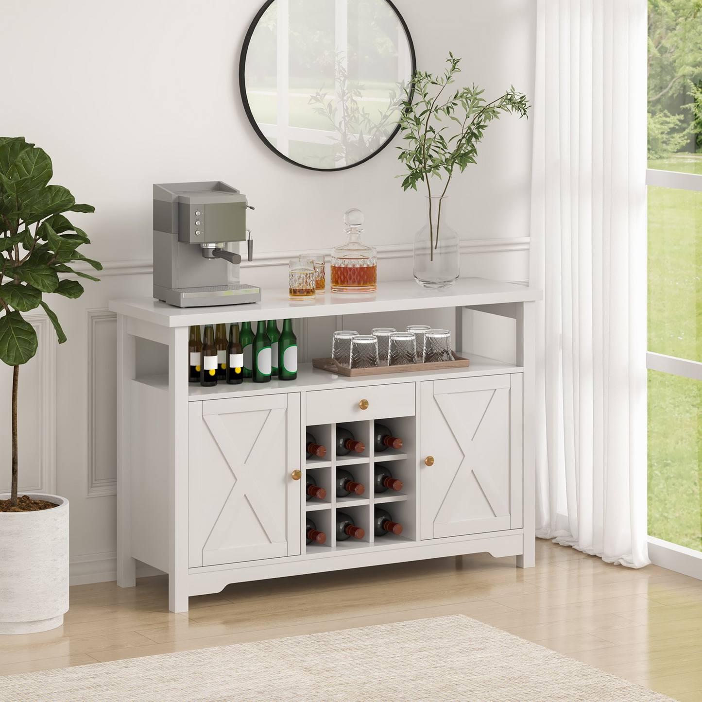 VEVOR 55 Inch Industrial Bar Cabinet, Wine Table for Liquor and Glasses, Sideboard Buffet Cabinet with Wine Rack, Freestanding Farmhouse Wood Coffee Bar Cabinet for Living Room, Home Bar, and Kitchen