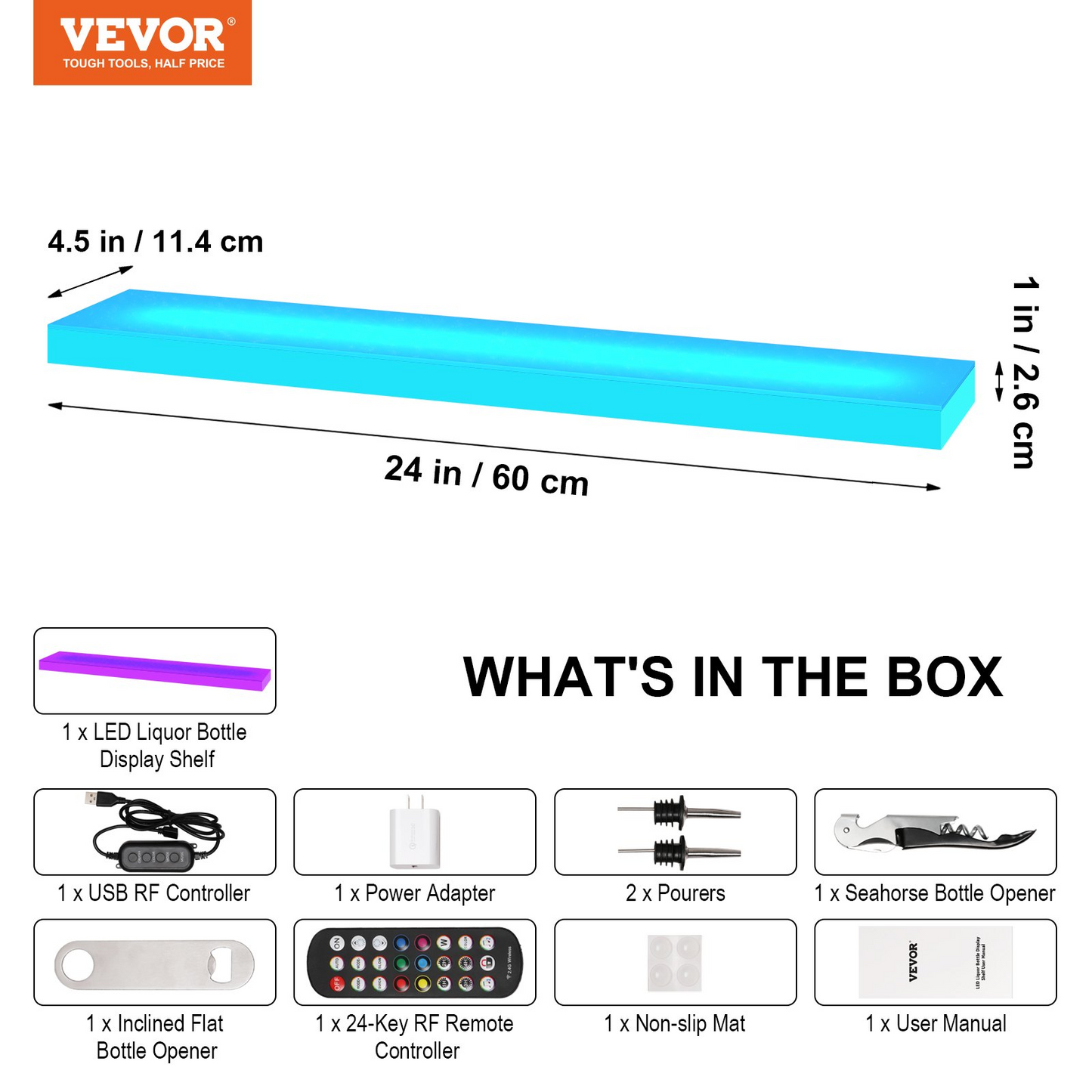 VEVOR LED Lighted Liquor Bottle Display Bar Shelf RF & App Control 24" 1-Step