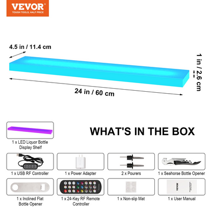 VEVOR LED Lighted Liquor Bottle Display Bar Shelf RF & App Control 24" 1-Step