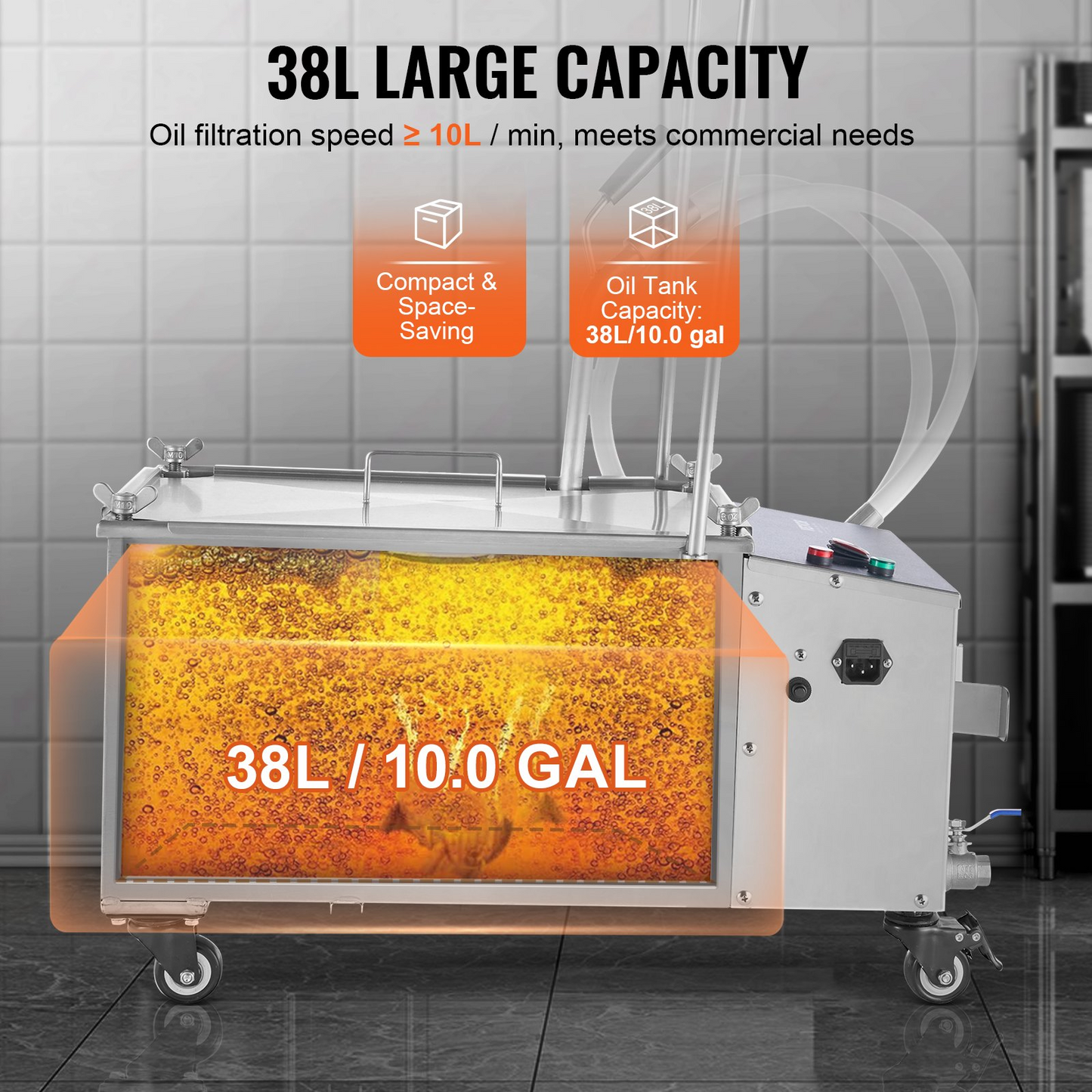 VEVOR Mobile Fryer Filter, 38L Oil Tank Capacity, Oil Filtration System with 10 L/min Oil Filtration Speed, Mobile Frying Oil Filtering System with Swivel Wheels, Oil Hose for Restaurant Burger Stores