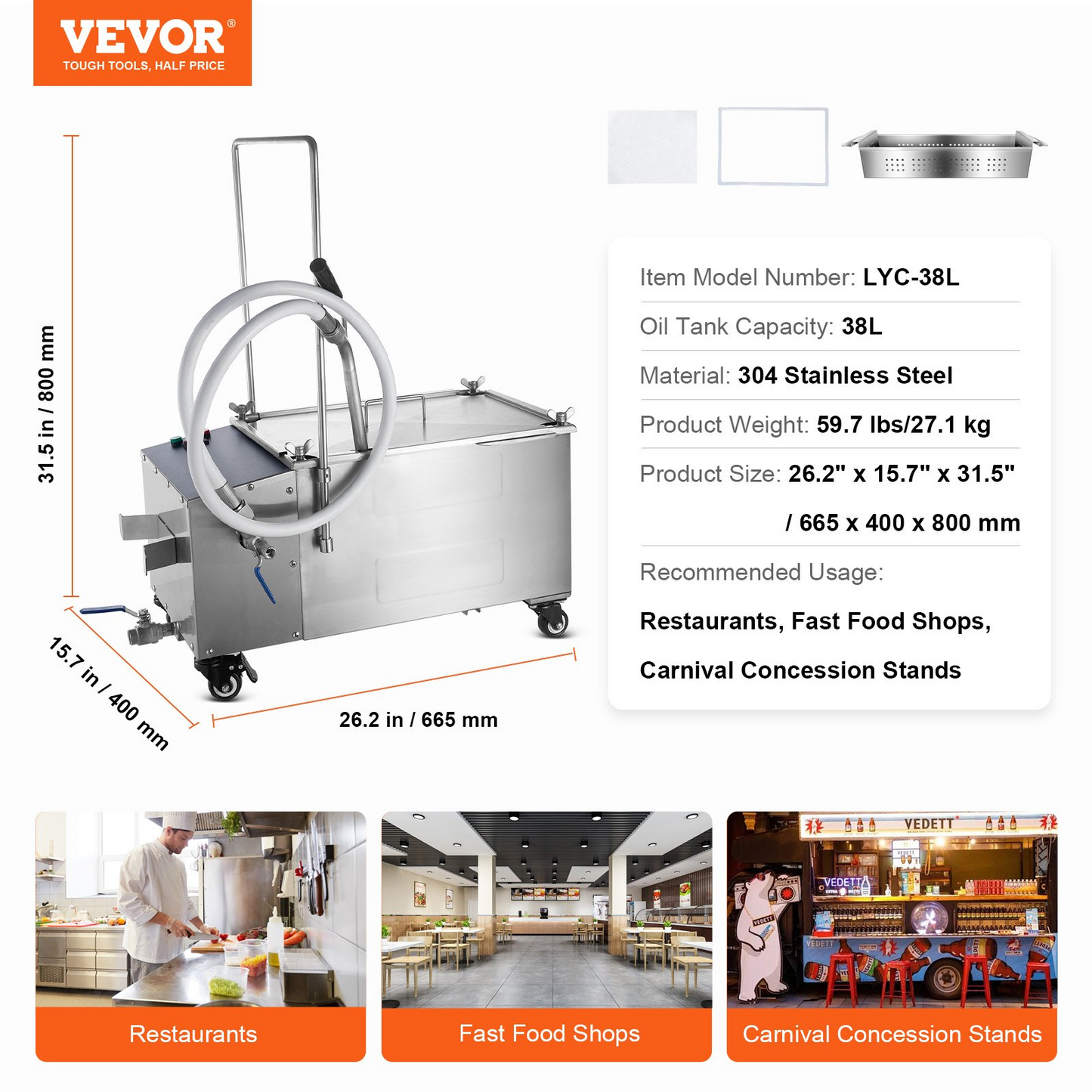 VEVOR Mobile Fryer Filter, 38L Oil Tank Capacity, Oil Filtration System with 10 L/min Oil Filtration Speed, Mobile Frying Oil Filtering System with Swivel Wheels, Oil Hose for Restaurant Burger Stores