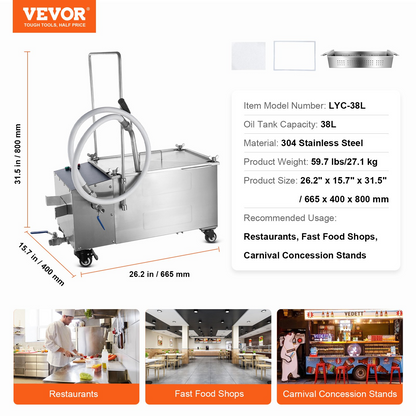 VEVOR Mobile Fryer Filter, 38L Oil Tank Capacity, Oil Filtration System with 10 L/min Oil Filtration Speed, Mobile Frying Oil Filtering System with Swivel Wheels, Oil Hose for Restaurant Burger Stores