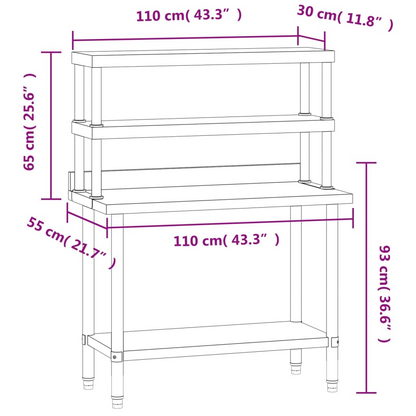 vidaXL Kitchen Work Table with Overshelf 43.3"x21.7"x59.1" Stainless Steel