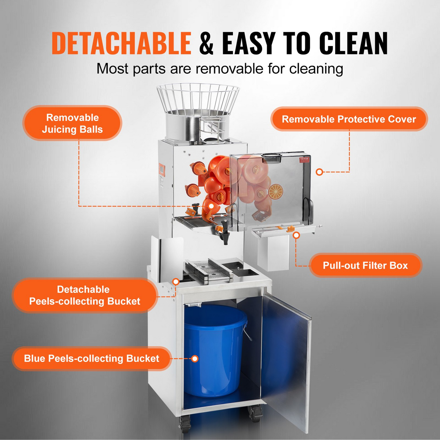 VEVOR Commercial Orange Juicer, 120W Automatic Feeding Juice Extractor with Water Tap, Stainless Steel Juicer Machine 25 Oranges/Minute, with Pull-Out Filter Box, PC Cover, 3 Peel Collecting Buckets