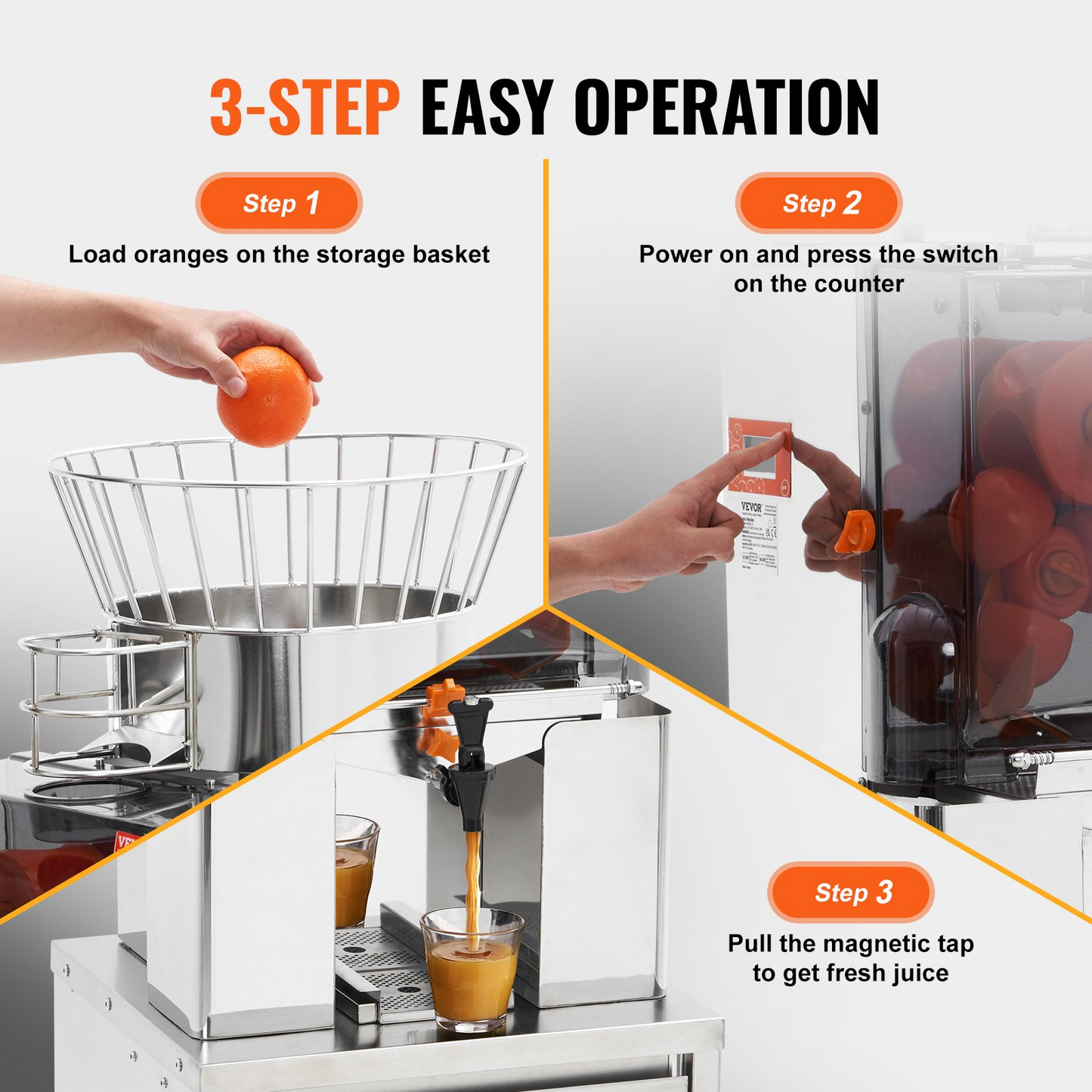 VEVOR Commercial Orange Juicer, 120W Automatic Feeding Juice Extractor with Water Tap, Stainless Steel Juicer Machine 25 Oranges/Minute, with Pull-Out Filter Box, PC Cover, 3 Peel Collecting Buckets