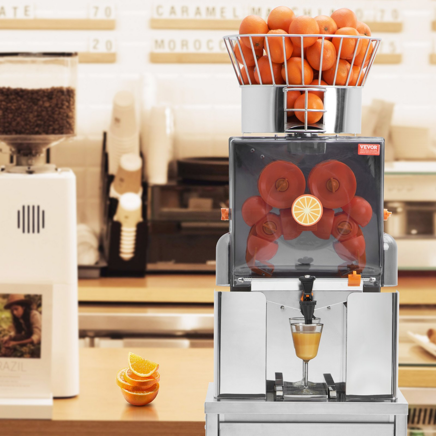 VEVOR Commercial Orange Juicer, 120W Automatic Feeding Juice Extractor with Water Tap, Stainless Steel Juicer Machine 25 Oranges/Minute, with Pull-Out Filter Box, PC Cover, 3 Peel Collecting Buckets
