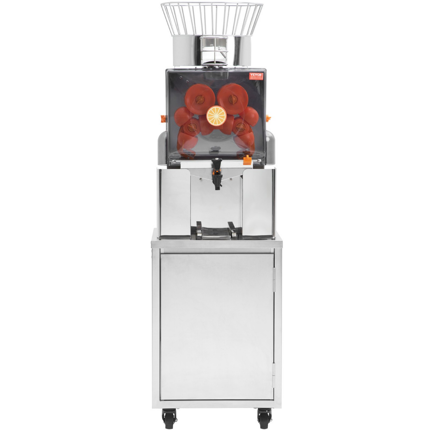VEVOR Commercial Orange Juicer, 120W Automatic Feeding Juice Extractor with Water Tap, Stainless Steel Juicer Machine 25 Oranges/Minute, with Pull-Out Filter Box, PC Cover, 3 Peel Collecting Buckets
