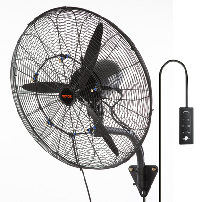 VEVOR Wall-Mount Misting Fan, 24 Inch, 3-speed High Velocity Max. 7000 CFM, Waterproof Oscillating Industrial Wall Fan, Commercial or Residential for Warehouse, Greenhouse, Workshop, Black, ETL Listed