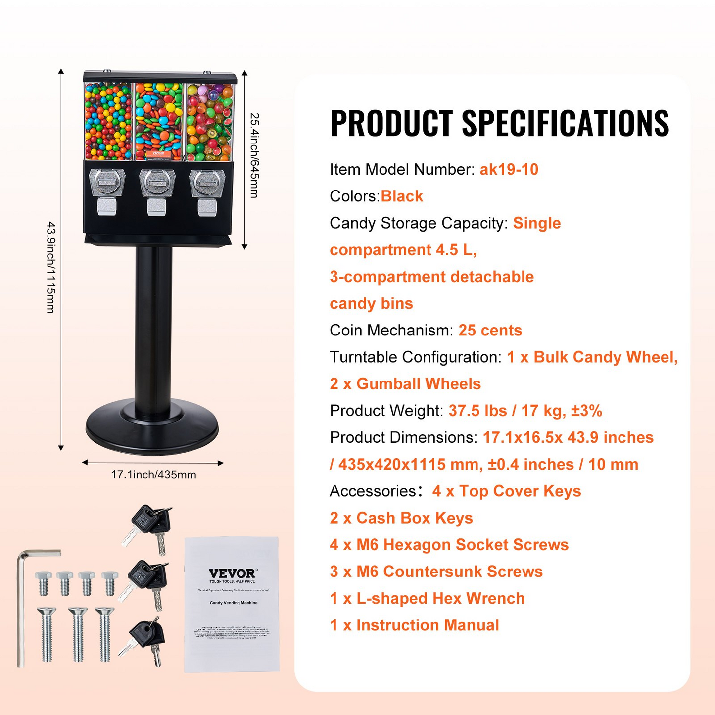 VEVOR Gumball Machine with Stand Vending Coin Bank Vintage Candy Dispenser Black