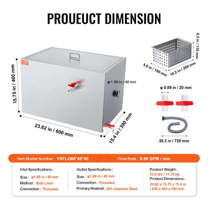 VEVOR Commercial Grease Trap, 40 LBS Grease Interceptor, Side Inlet Interceptor, Under Sink Stainless Steel Grease Trap, 10 GPM Waste Water Oil-water Separator, for Restaurant Canteen Home Kitchen