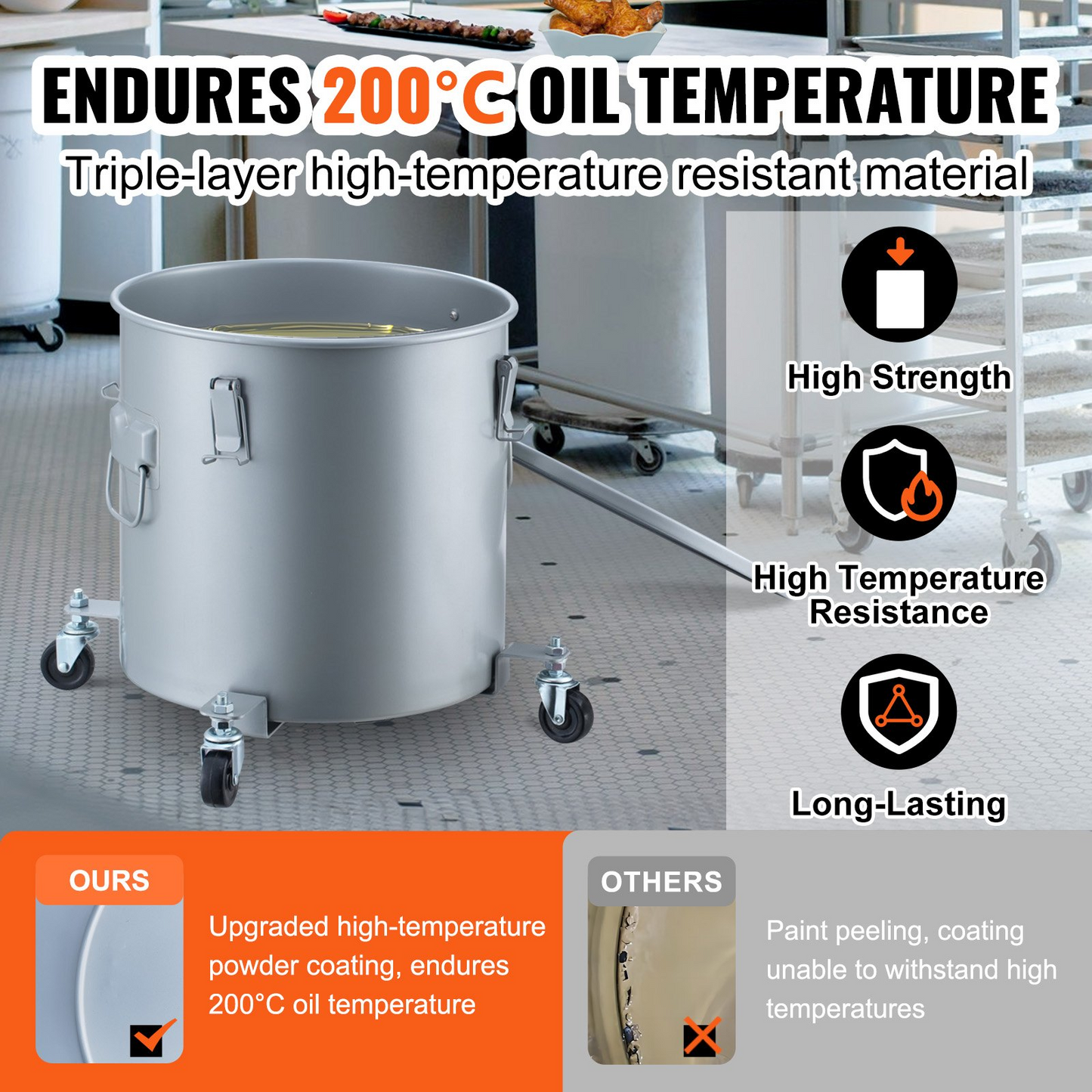VEVOR Fryer Grease Bucket, 10 Gal Oil Disposal Caddy with Caster Base, Carbon Steel Rust-Proof Coating, Oil Transport Container with Lid, Lock Clips, Filter Bag for Hot Cooking Oil Filtering, Gray