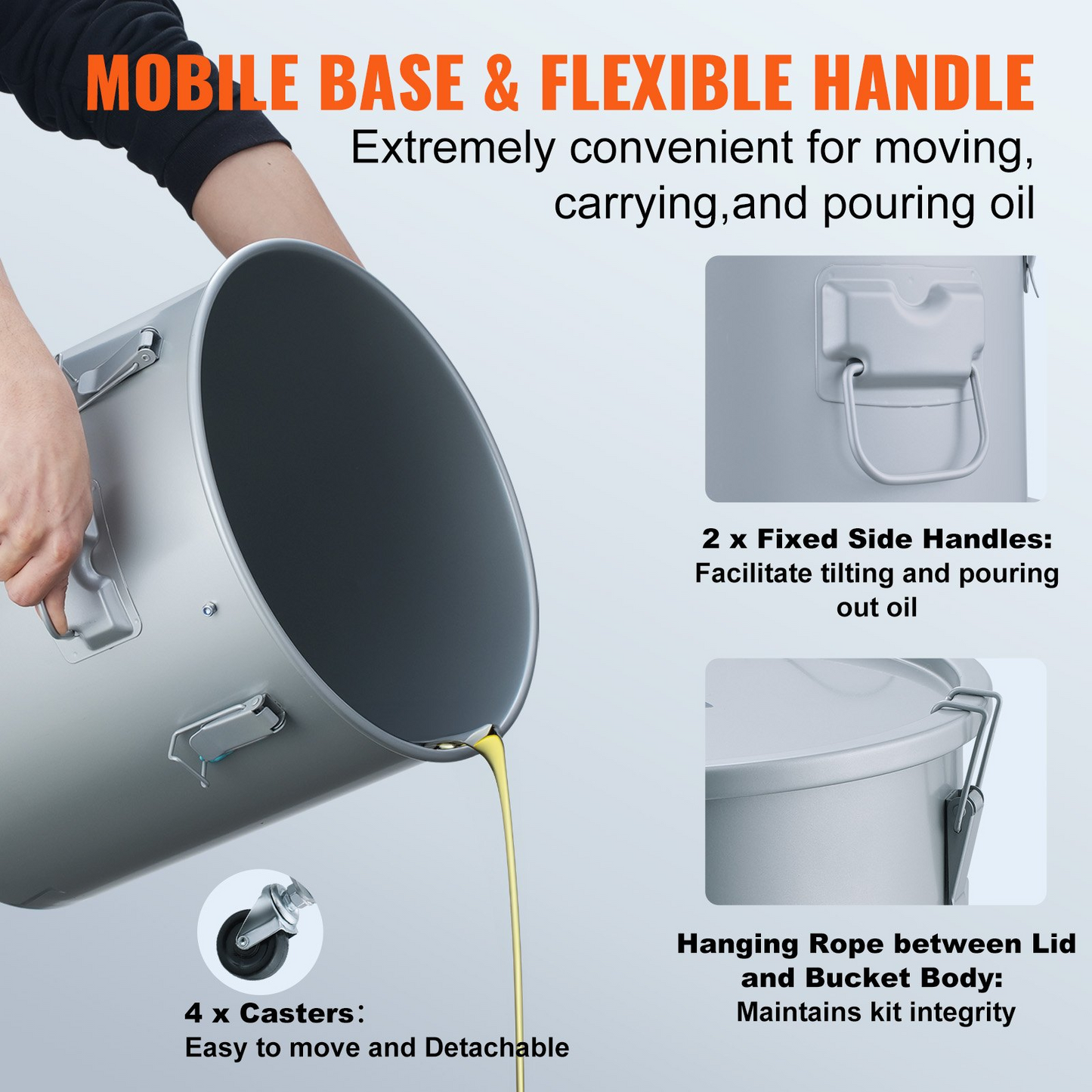 VEVOR Fryer Grease Bucket, 10 Gal Oil Disposal Caddy with Caster Base, Carbon Steel Rust-Proof Coating, Oil Transport Container with Lid, Lock Clips, Filter Bag for Hot Cooking Oil Filtering, Gray