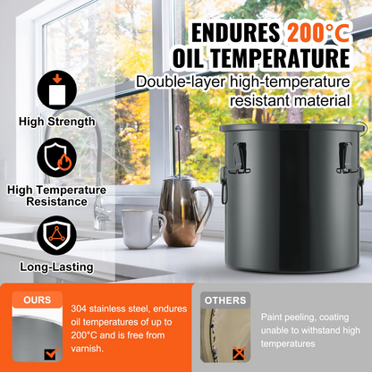 VEVOR Fryer Grease Bucket, 8 Gal Oil Disposal Caddy Stainless Steel Fryer Oil Bucket Rust-Proof Coating, Oil Transport Container with Lid, Lock Clips, Filter Bag for Hot Cooking Oil Filtering, Black