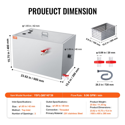VEVOR Commercial Grease Trap, 40 LBS Grease Interceptor, Top Inlet Interceptor, Under Sink Stainless Steel Grease Trap, 10 GPM Waste Water Oil-water Separator, for Restaurant Canteen Home Kitchen