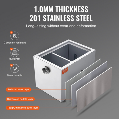 VEVOR Commercial Grease Trap, 8 LBS Grease Interceptor, Side Inlet Interceptor, Under Sink Stainless Steel Grease Trap, 2.8 GPM Waste Water Oil-water Separator, for Restaurant Canteen Home Kitchen