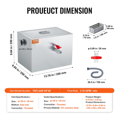 VEVOR Commercial Grease Trap, 8 LBS Grease Interceptor, Side Inlet Interceptor, Under Sink Stainless Steel Grease Trap, 2.8 GPM Waste Water Oil-water Separator, for Restaurant Canteen Home Kitchen