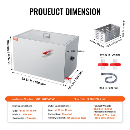 VEVOR Commercial Grease Trap, 40 LBS Grease Interceptor, Side Inlet Interceptor, Under Sink Stainless Steel Grease Trap, 10 GPM Waste Water Oil-water Separator, for Restaurant Canteen Home Kitchen