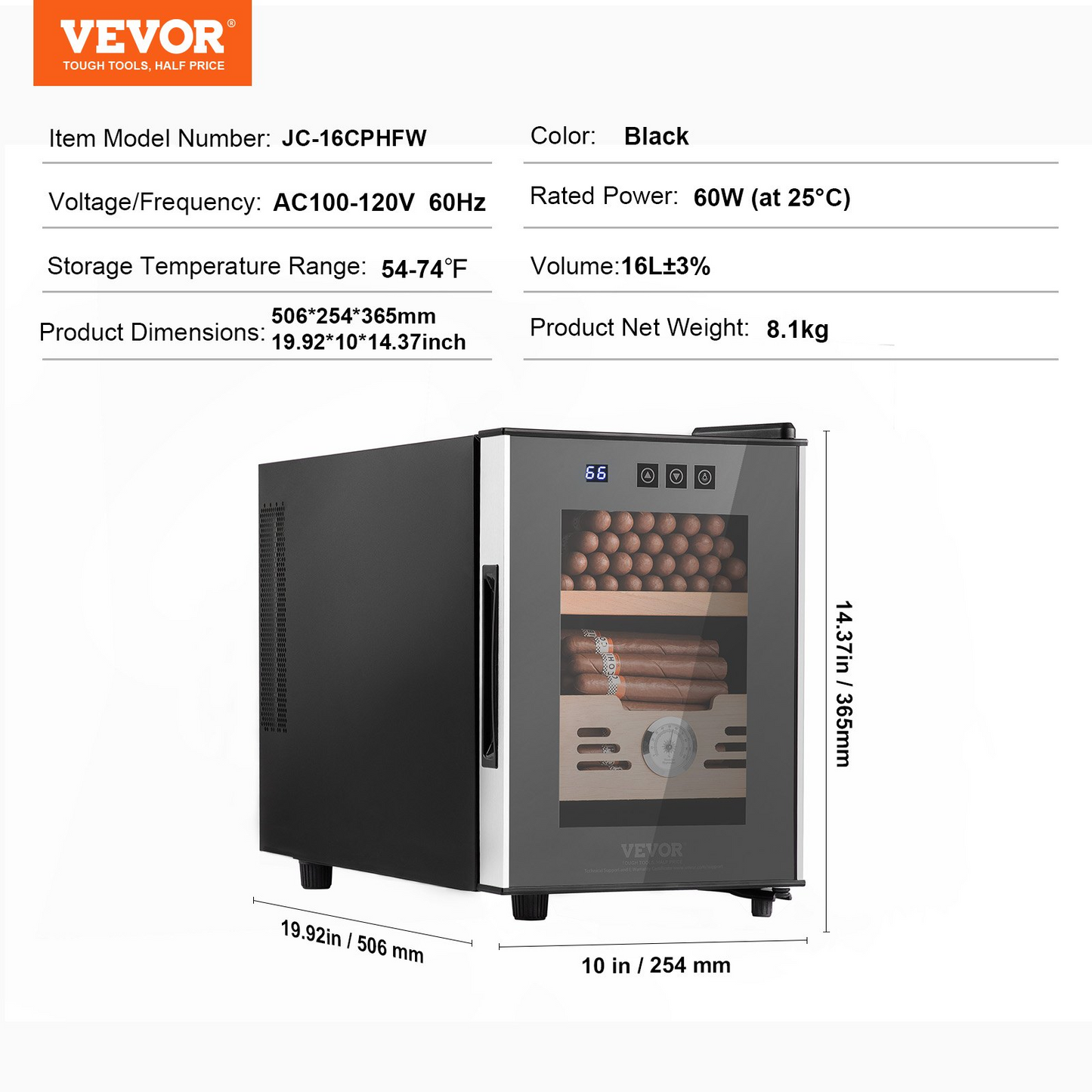 VEVOR Electric Cigar Humidor, 16L Cigar Humidor Cabinet with Heating & Cooling Temp Control System, Spanish Cedar Wood & Tempered Glass & LED Light Cigar Humidor, for Up To 100 Cigars, Gift for Men