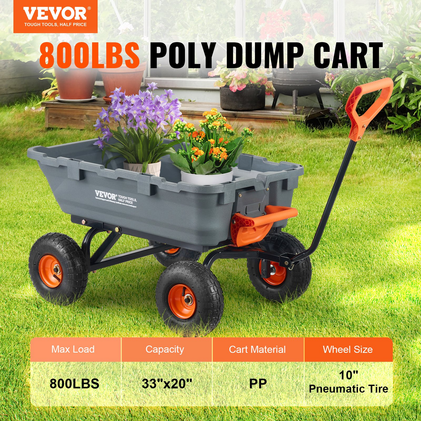VEVOR Dump Cart, Poly Garden Dump Cart with Easy to Assemble Steel Frame, Dump Wagon with 2-in-1 Convertible Handle, Utility Wheelbarrow 800 lbs Capacity, 10 inch Tires