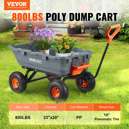VEVOR Dump Cart, Poly Garden Dump Cart with Easy to Assemble Steel Frame, Dump Wagon with 2-in-1 Convertible Handle, Utility Wheelbarrow 800 lbs Capacity, 10 inch Tires