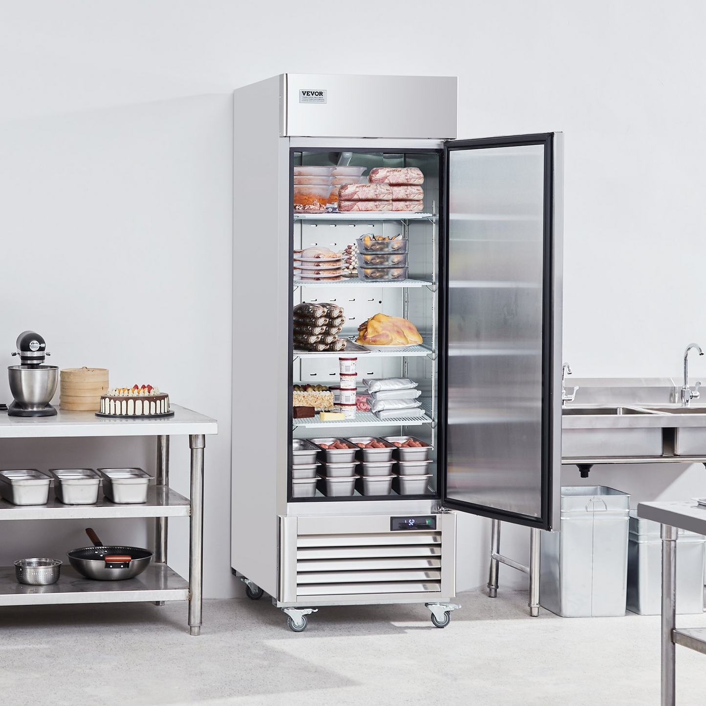 VEVOR Commercial Freezer 19.32 Cu.ft, Reach In 27" W Upright Freezer Single Door, Auto-Defrost Stainless Steel Reach-in Freezer with 4 Adjustable Shelves, -13 to 5℉ Temp Control, LED Light, 4 Wheels