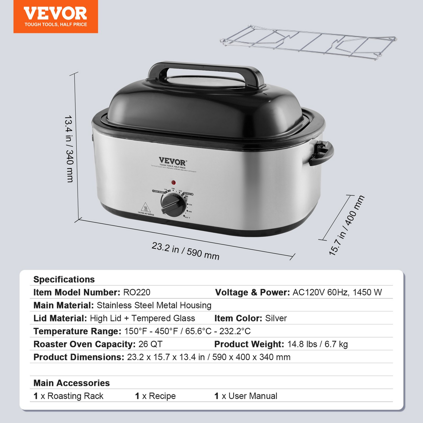 VEVOR Electric Roaster Oven, 26 QT Turkey Roaster Oven with Self-Basting Lid, 1450W Roaster Oven with Defrost & Warm Function, Adjustable Temperature, Removable Pan & Rack, Fits Turkeys Up to 30LBS