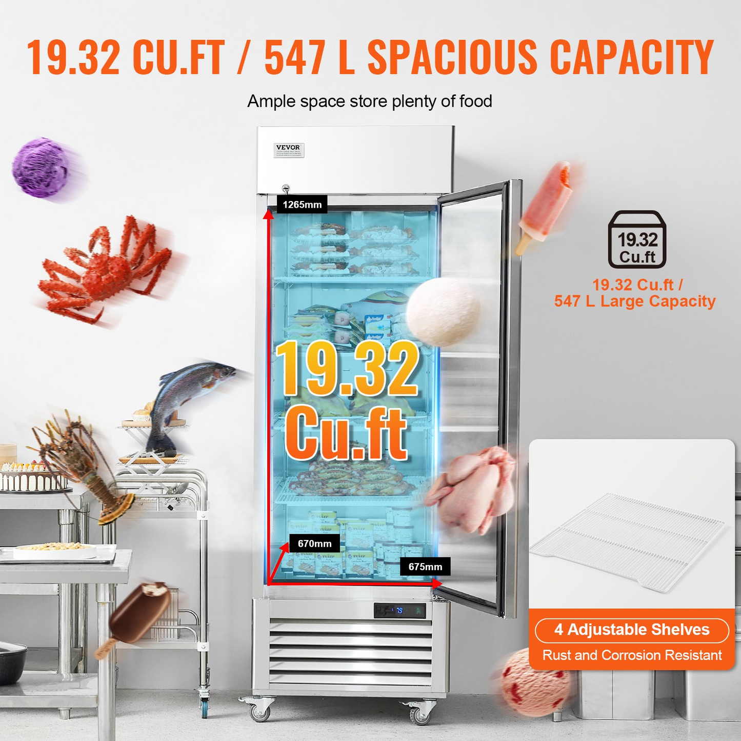 VEVOR Commercial Freezer 19.32 Cu.ft, Reach In 27" W Upright Freezer Single Door, Auto-Defrost Stainless Steel Reach-in Freezer with 4 Adjustable Shelves, -13 to 5℉ Temp Control, LED Light, 4 Wheels