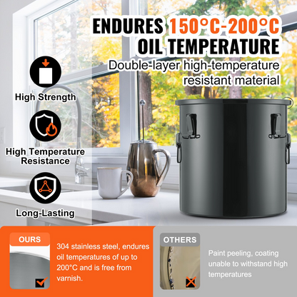 VEVOR Fryer Grease Bucket, 8 Gal Oil Disposal Caddy Stainless Steel Fryer Oil Bucket Rust-Proof Coating, Oil Transport Container with Lid, Lock Clips, Filter Bag for Hot Cooking Oil Filtering, Black