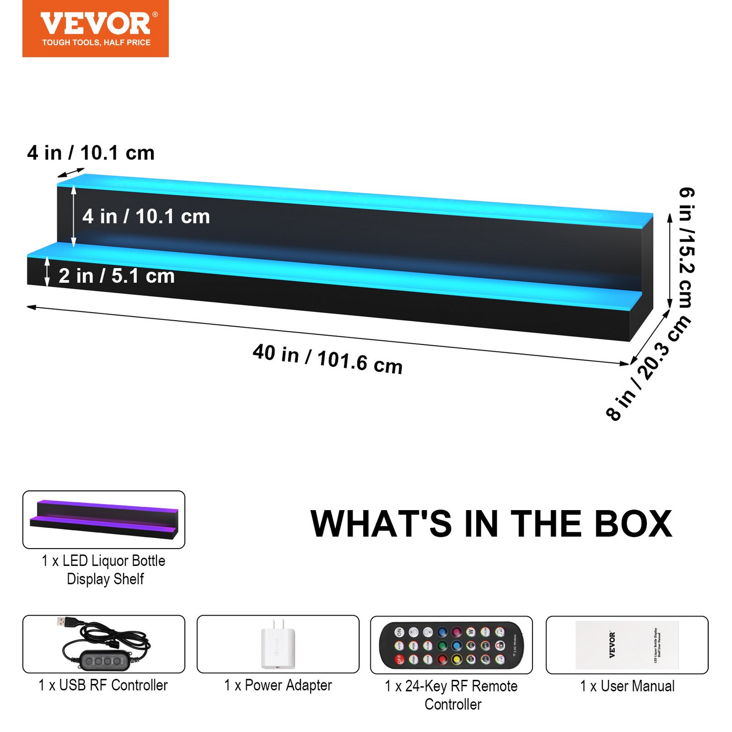 VEVOR LED Lighted Liquor Bottle Display Bar Shelf RF & App Control 40" 2-Step