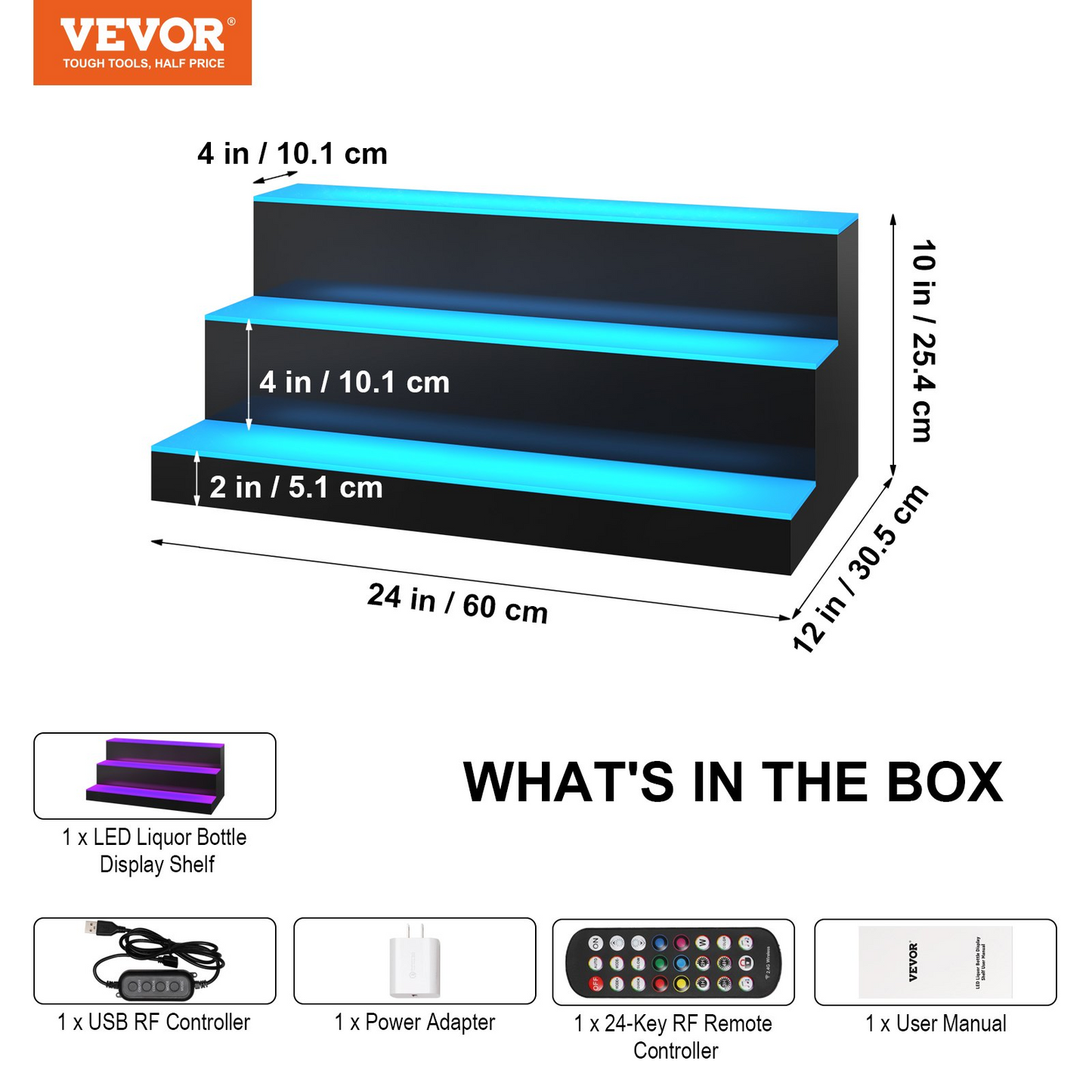 VEVOR LED Lighted Liquor Bottle Display Bar Shelf RF & App Control 24" 3-Step