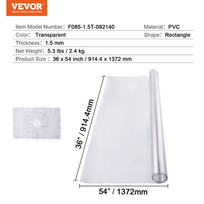 VEVOR PVC Table Protector 36x54 Inch Clear Plastic Desk Protector 1.5mm Thick