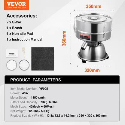 VEVOR Electric Vibrating Sieve Machine with 40+60 Mesh Automatic Sifter Shaker