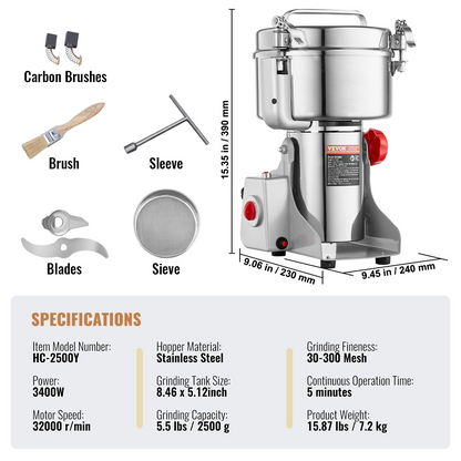 VEVOR 2000g Commercial Spice Grinder Electric Grain Mill Grinder High Speed