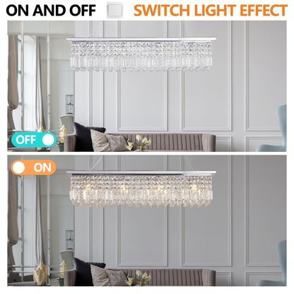 Modern Crystal Chandelier for Dining Room 8-Light White Rectangle Raindrop Chandelier Contemporary Rectangular Pendant Light Fixture for Kitchen Island Bar L39.4'' x W9.8'' x H8.7'(Bulb Not Included)