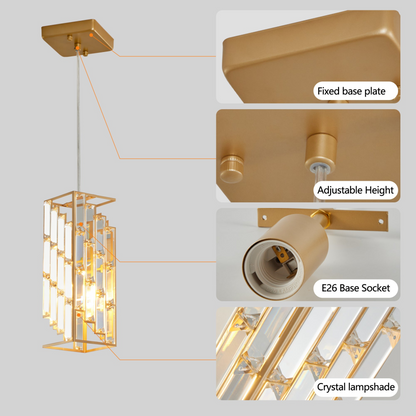 Modern Crystal Pendant Light - 3 Pack, Adjustable Hanging Ceiling Lamp with Crystal Prism Design for Dining Room, Kitchen Island, and Living Room -Golden Finish