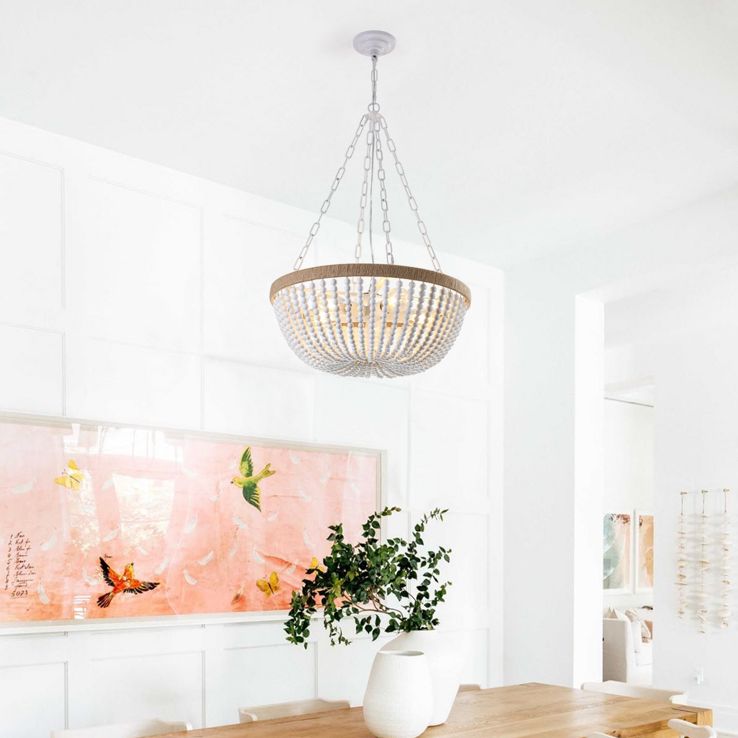 Bohemian style Wood Beaded Chandelier Oak White  NEW SKU :W1340P206667