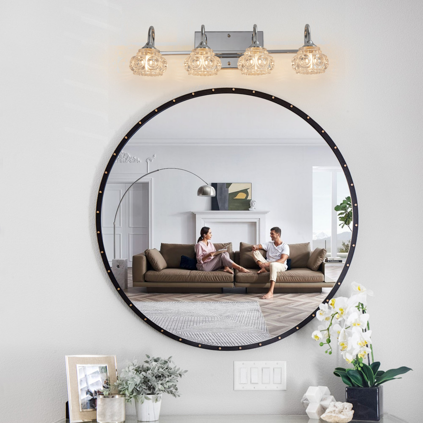 Brushed Nickel Finish Vintage Crystal Vanity Light - Elegant 4-Light Bathroom Mirror Fixture with Clear Glass Shades
