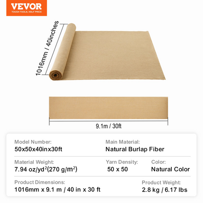 VEVOR Burlap Fabric Roll Burlap Tree Wrap 40 in x 30 ft for Crafts & Plants