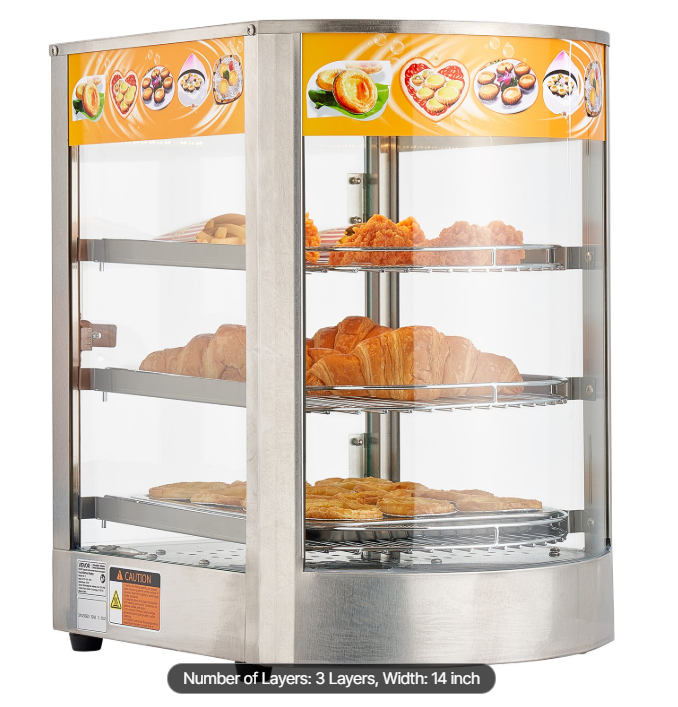 3-Tier Commercial Food Warmer Display, 800W Food Display Warmer with LED Light, Adjustable Shelf and Stainless Steel Frame, 86℉~185℉ Air Heating, 60L for Hamburger, Pizza, Bread, Fried Chicken