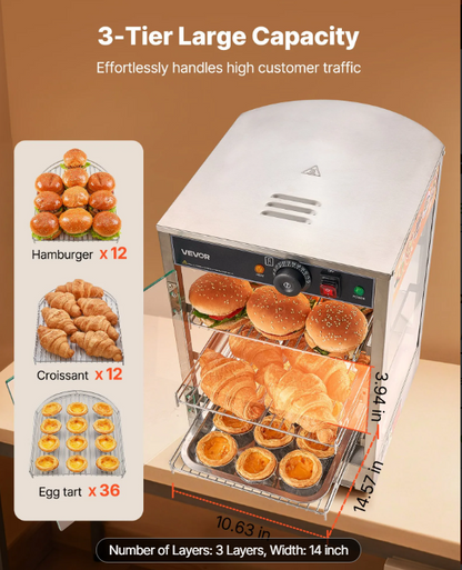 3-Tier Commercial Food Warmer Display, 800W Food Display Warmer with LED Light, Adjustable Shelf and Stainless Steel Frame, 86℉~185℉ Air Heating, 60L for Hamburger, Pizza, Bread, Fried Chicken