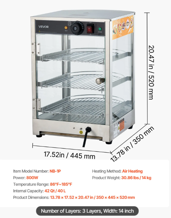 3-Tier Commercial Food Warmer Display, 800W Food Display Warmer with LED Light, Adjustable Shelf and Stainless Steel Frame, 86℉~185℉ Air Heating, 60L for Hamburger, Pizza, Bread, Fried Chicken