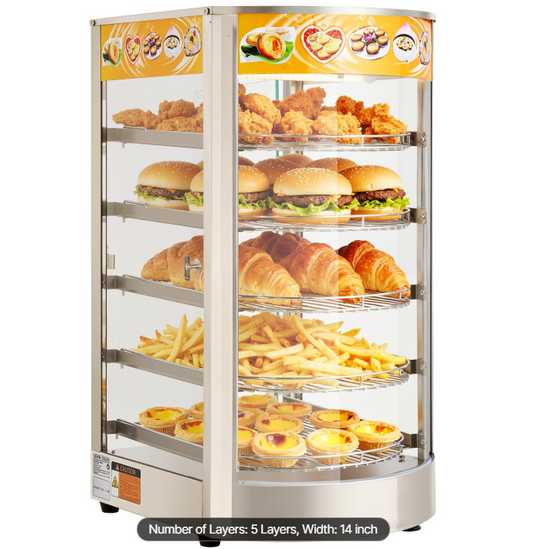 5-Tier Commercial Food Warmer Display, 800W Food Display Warmer with LED Light, Adjustable Shelf and Stainless Steel Frame, 86℉~185℉ Air Heating, 60L for Hamburger, Pizza, Bread, Fried Chicken