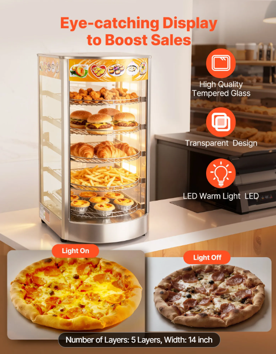 5-Tier Commercial Food Warmer Display, 800W Food Display Warmer with LED Light, Adjustable Shelf and Stainless Steel Frame, 86℉~185℉ Air Heating, 60L for Hamburger, Pizza, Bread, Fried Chicken