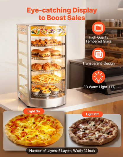 5-Tier Commercial Food Warmer Display, 800W Food Display Warmer with LED Light, Adjustable Shelf and Stainless Steel Frame, 86℉~185℉ Air Heating, 60L for Hamburger, Pizza, Bread, Fried Chicken